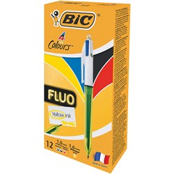 Bic 4 Colour Fluro Ballpoint Pen Retractable Medium 1mm Fluoro Colours Pack of 12